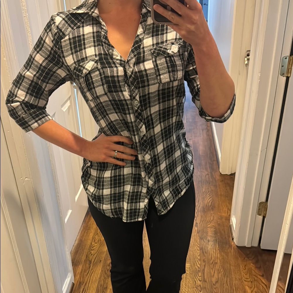 Plaid Button-Up Women's Top Black and Cream Small Medium Large